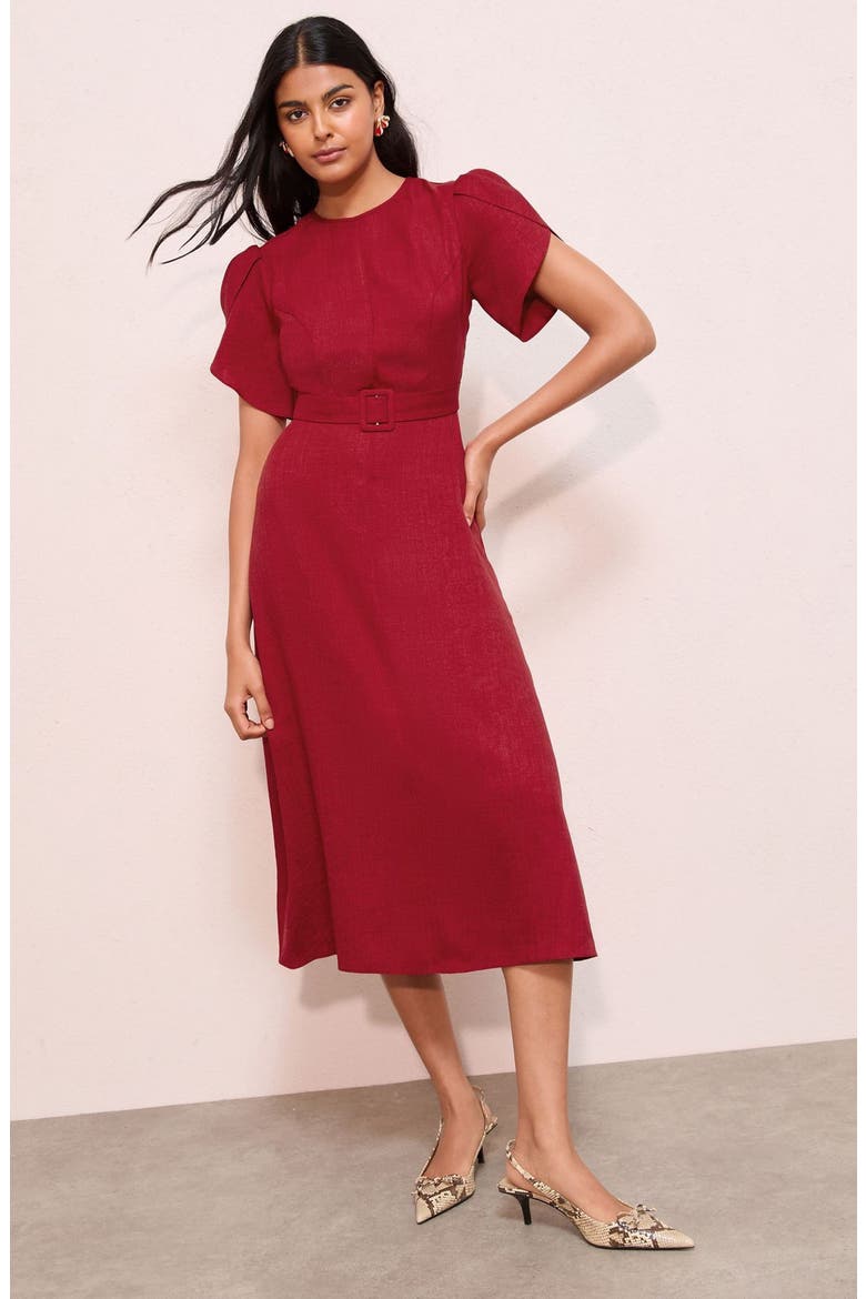 Tulip Sleeve Belted Midi Dress, Alternate, color, BERRY RED