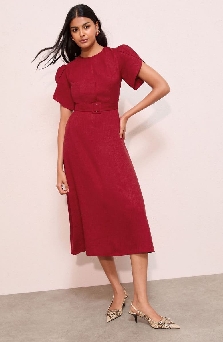 Friends Like These Tulip Sleeve Belted Midi Dress, Alternate, color, Berry Red