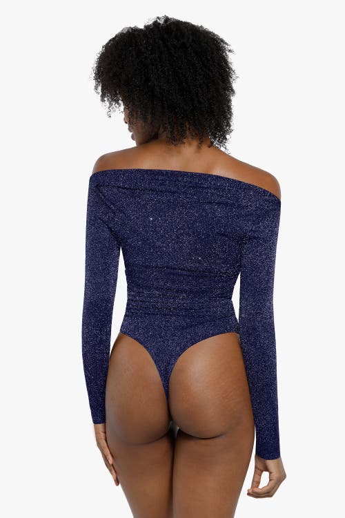 Popilush Shapewear Metallic Knit Long Sleeve Slimming Bodysuit In Midnight Blue