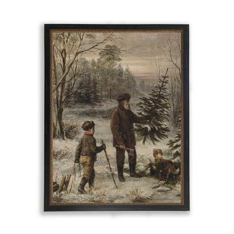 Vintage Oil Painting Reproduction of Man, Dog and Boy Finding Christmas Tree