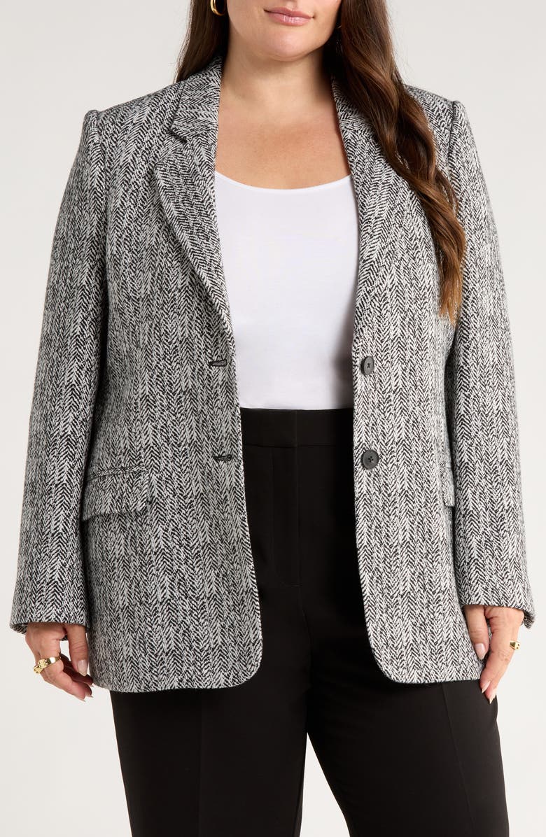 Nordstrom The Liv Belted Textured Boyfriend Blazer, Alternate, color, Black Ivory Herringbone