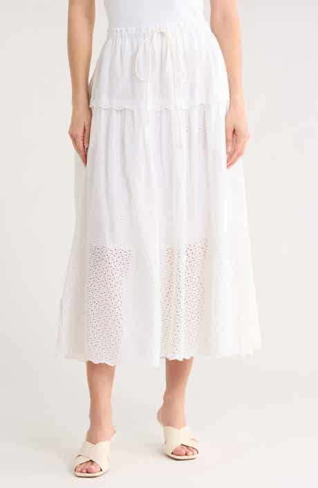 Ruffle Embroidered Eyelet Cotton Blend Skirt