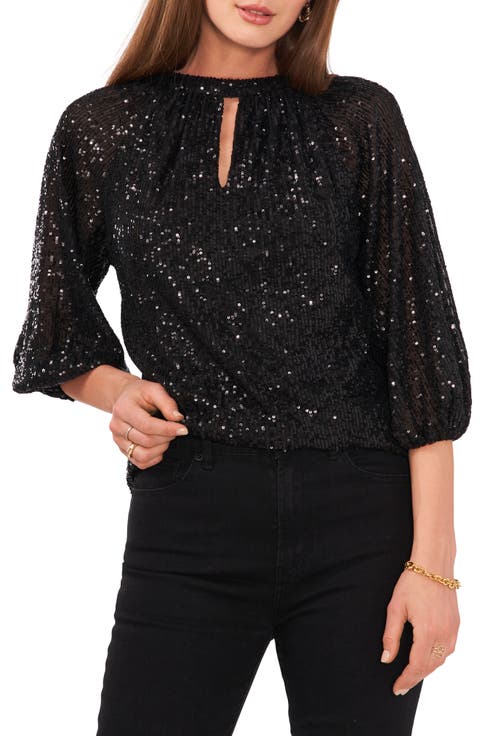 Sequin Keyhole Neck Blouse
