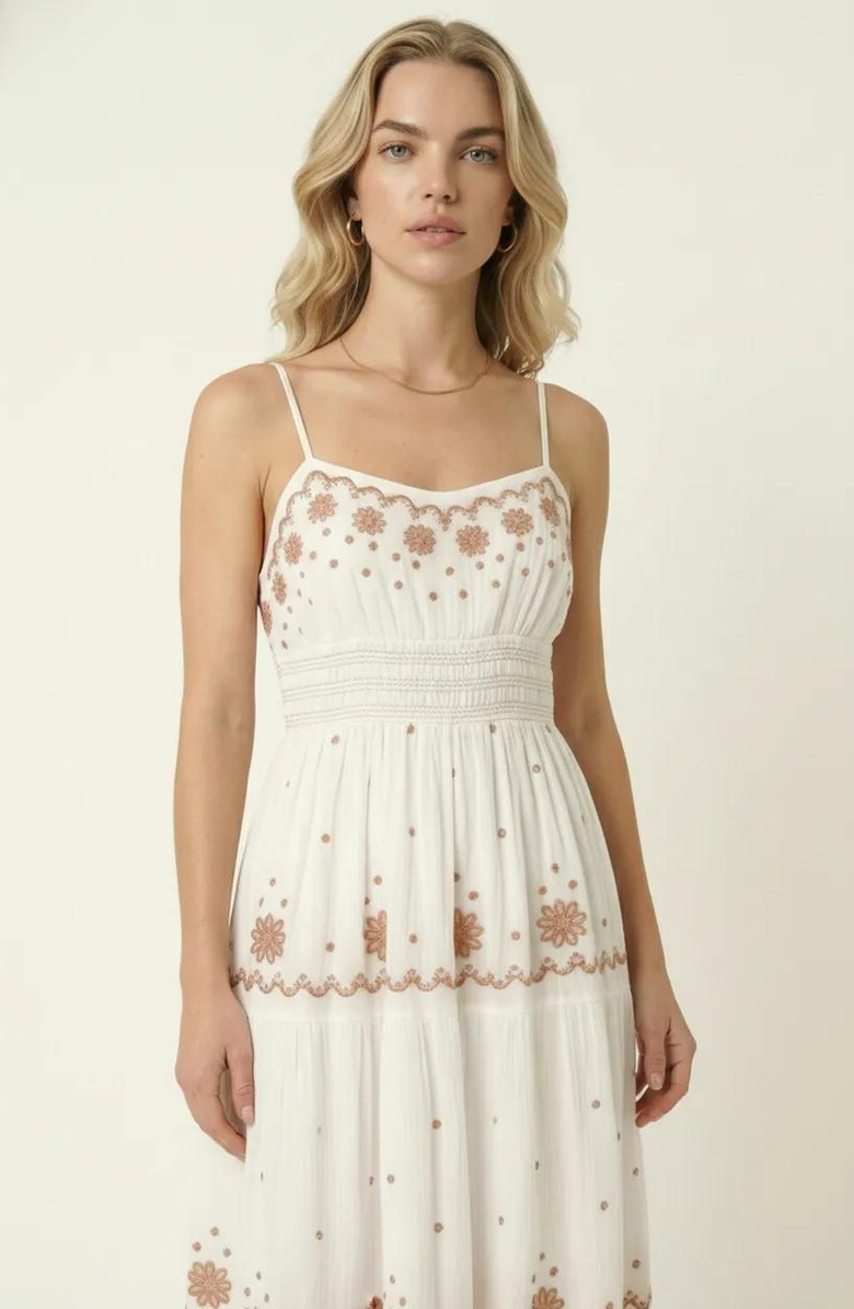 Modenaire Embroidered Tiered Maxi Dress, Alternate, color, White / Brown Embroidery