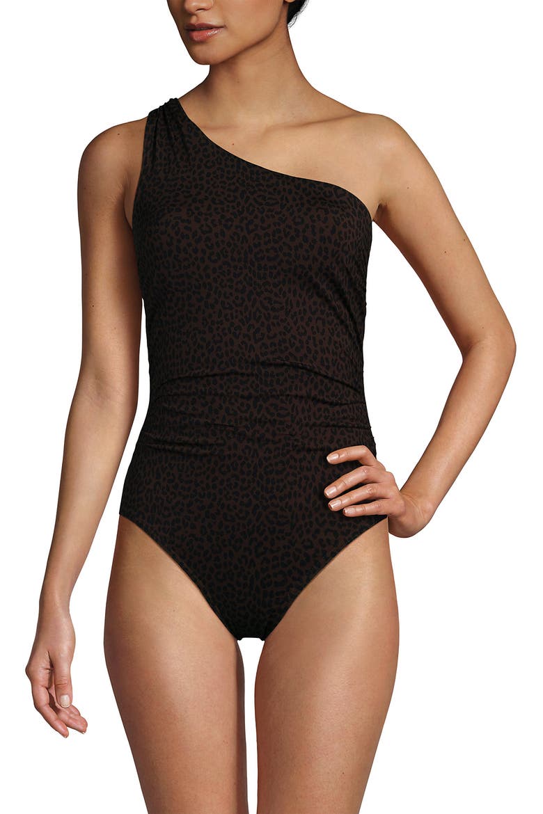 Womens Chlorine Resistant Shirred One Shoulder One Piece Swimsuit Removable Adjustable Strap, Alternate, color, Brown Leopard