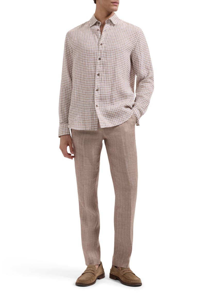 Karl Shaped Fit Gingham Check Linen Button-Up Shirt, Alternate, color, OLIVE