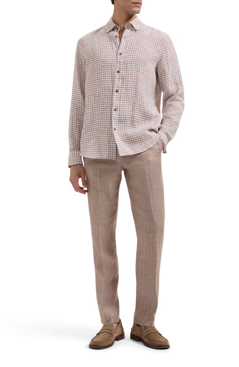 Bugatchi Karl Shaped Fit Gingham Check Linen Button-Up Shirt, Alternate, color, Olive