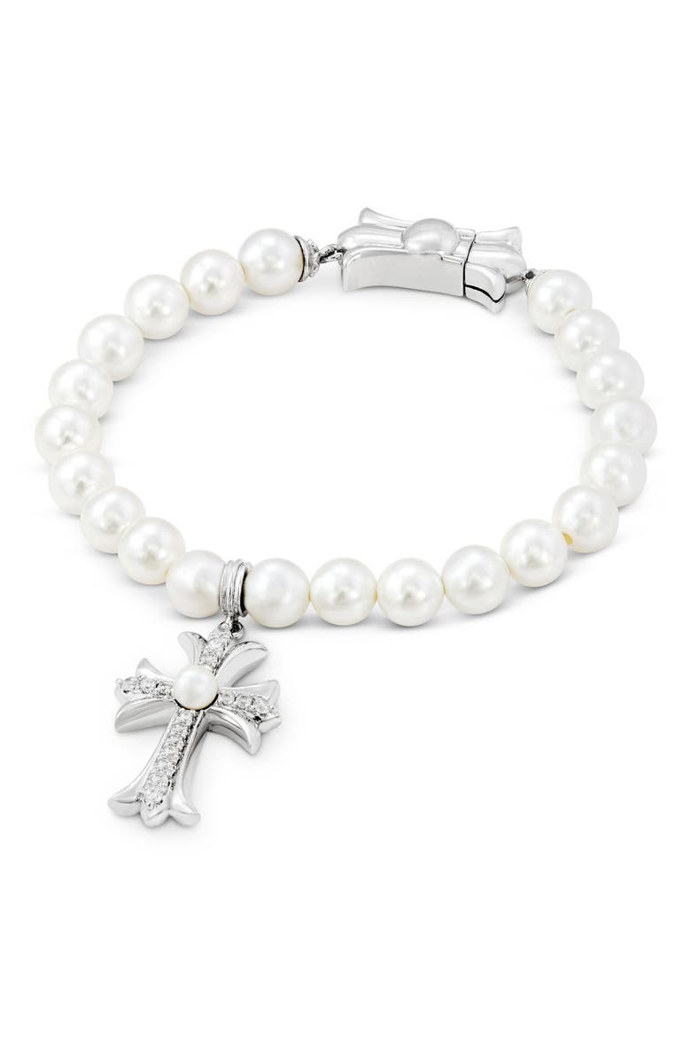 Imitation Pearl Cross Stretch Bracelet, Main, color, WHITE