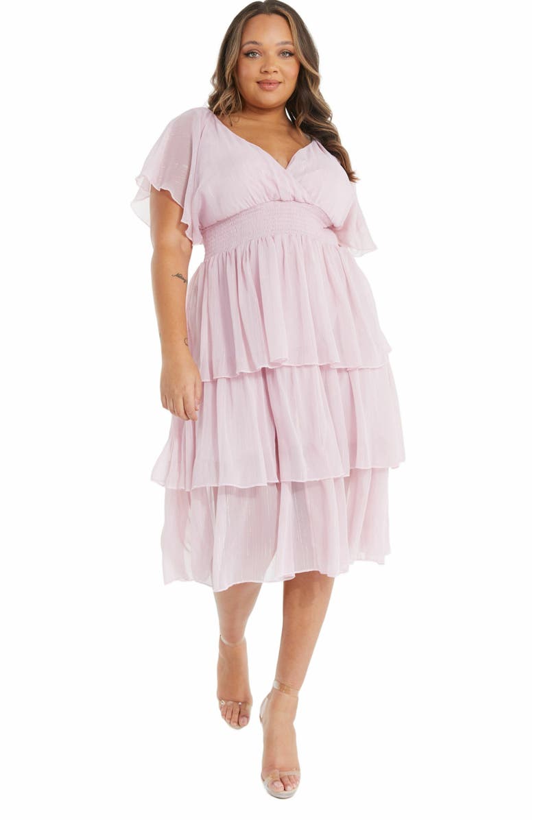 QUIZ Plus Size Chiffon Glitter Tiered Dress, Main, color, Pink