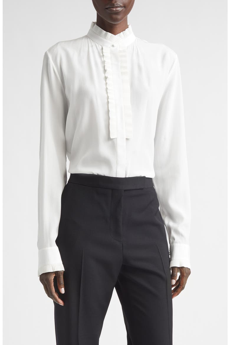 Plissé Ruffle Silk Crêpe de Chine Button-Up Shirt, Main, color, OFF WHITE