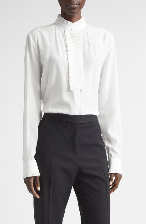 Plissé Ruffle Silk Crêpe de Chine Button-Up Shirt