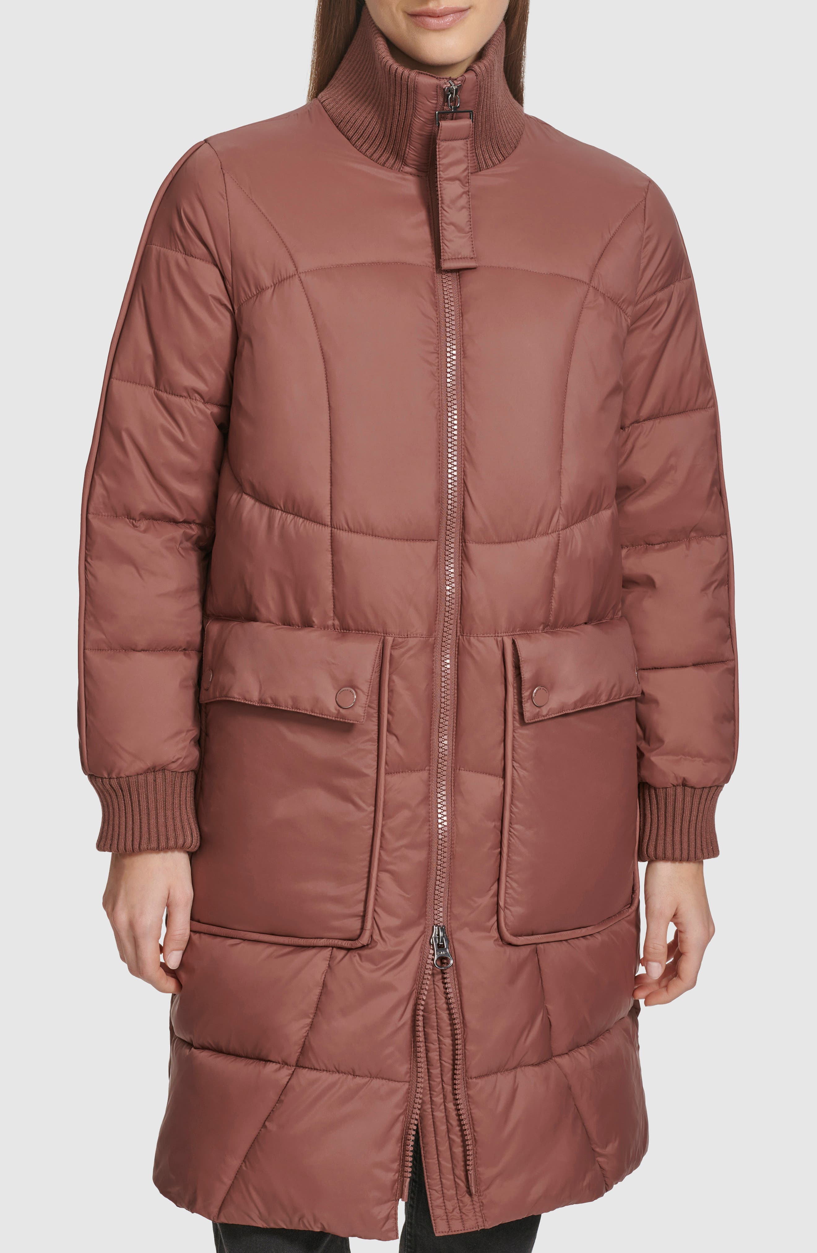 Andrew Marc Ribbed Collar Long Puffer Jacket