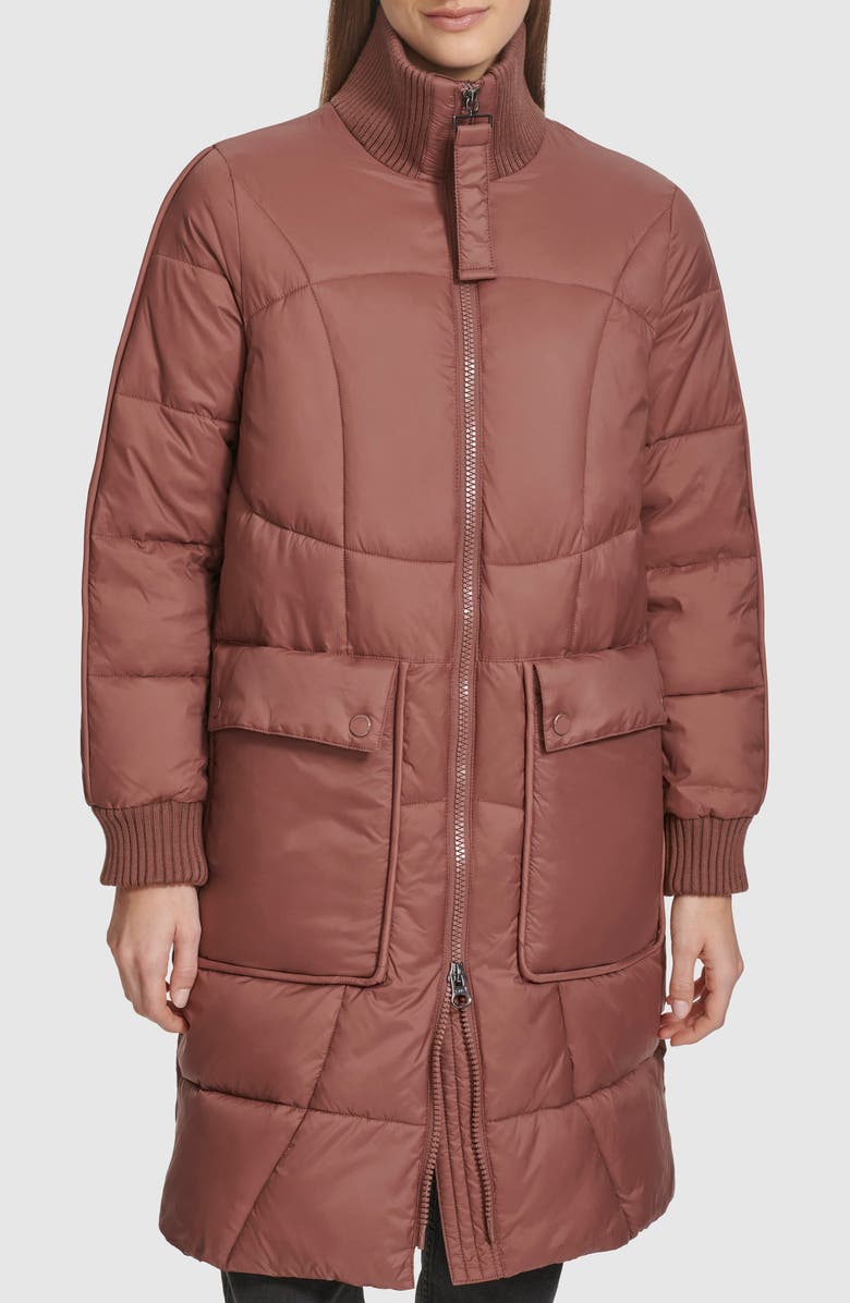 Andrew Marc Ribbed Collar Long Puffer Jacket, Main, color, Fig