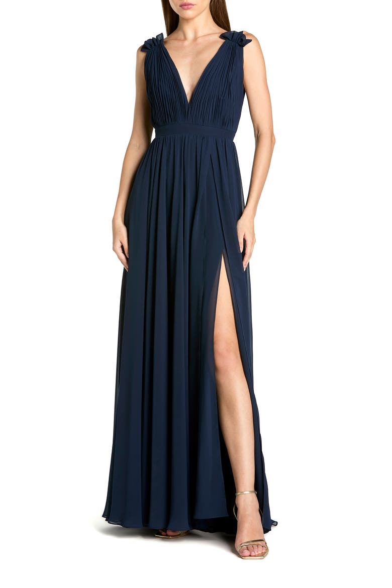 Petite Sleeveless Pleated Chiffon V-Neck Gown, Main, color, Navy