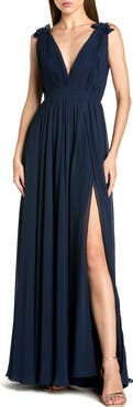 Mac Duggal Petite Sleeveless Pleated Chiffon V-Neck Gown
