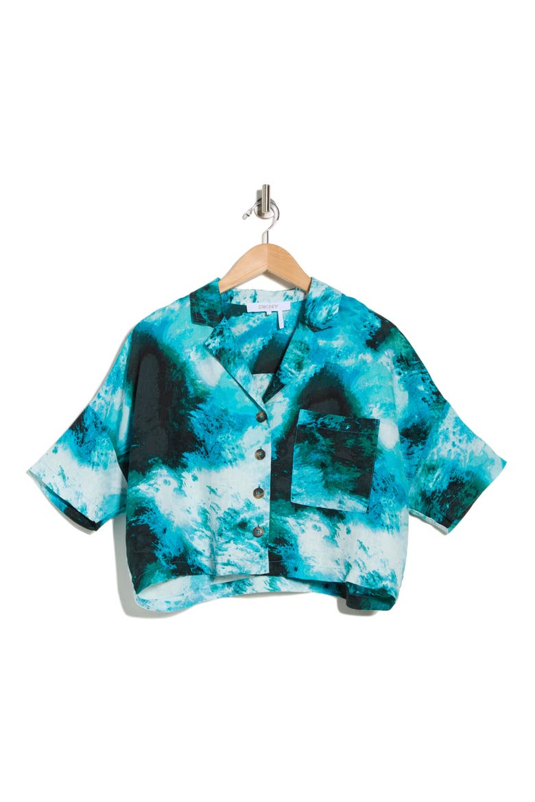 Cropped Linen Camp Shirt, Alternate, color, TIDAL BRUSHSTROKE