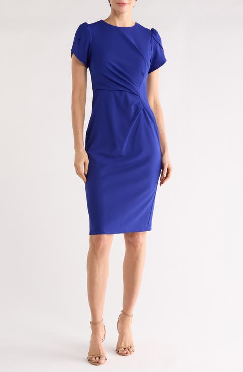 Short Sleeve Pleated Waist Sheath Dress