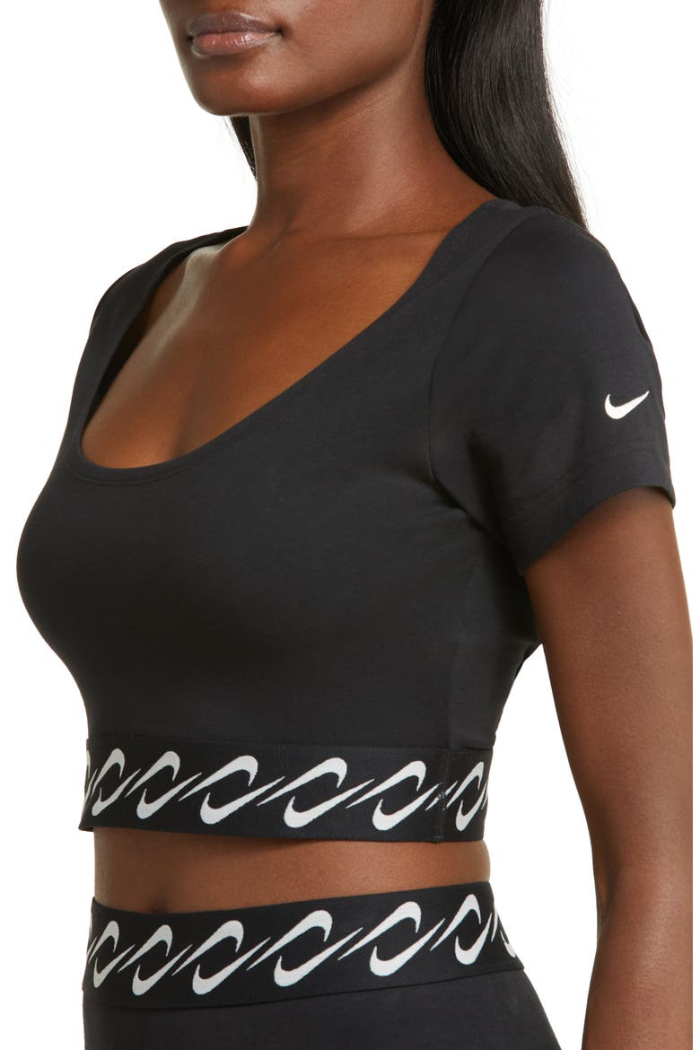 Essentials Swoosh Taping Crop T-Shirt, Alternate, color, BLACK/ SAIL