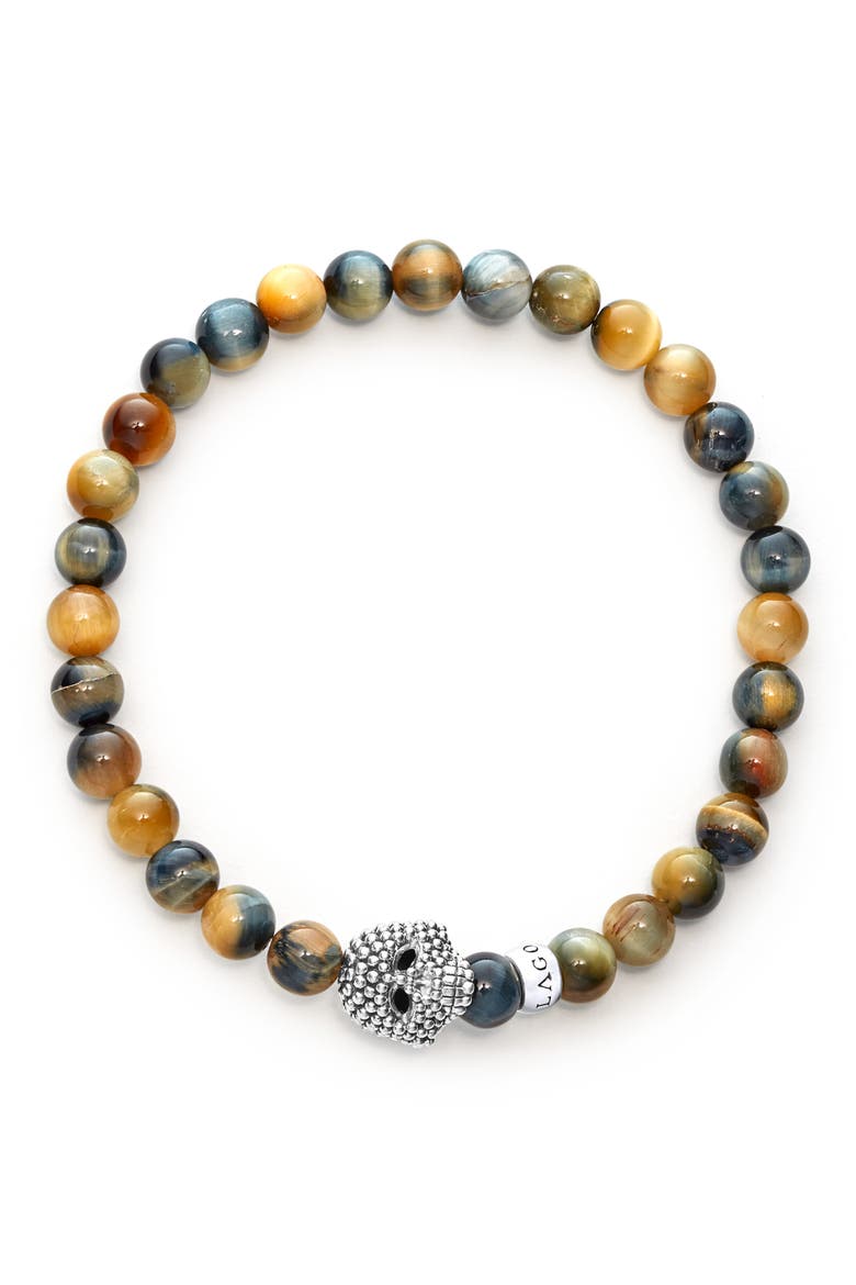 Men's Anthem Tiger's Eye Skull Stretch Bracelet, Alternate, color, STERLING SILVER