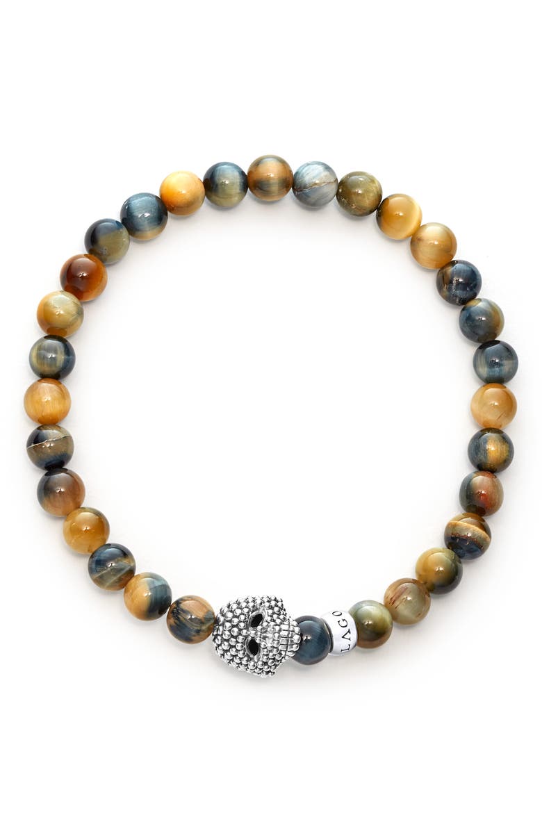 LAGOS Men's Anthem Tiger's Eye Skull Stretch Bracelet, Alternate, color, Sterling Silver