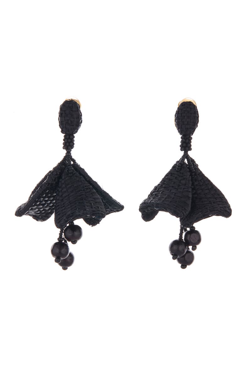 Raffia Impatiens Flower Drop Earrings, Main, color, BLACK