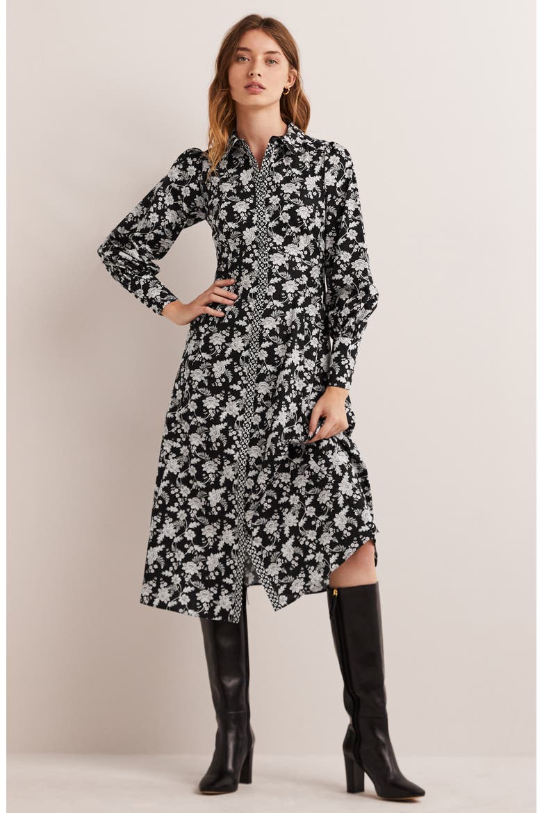 Floral Empire Long Sleeve Cotton Shirtdress, Alternate, color, BLACK CHINTZ BLOOM