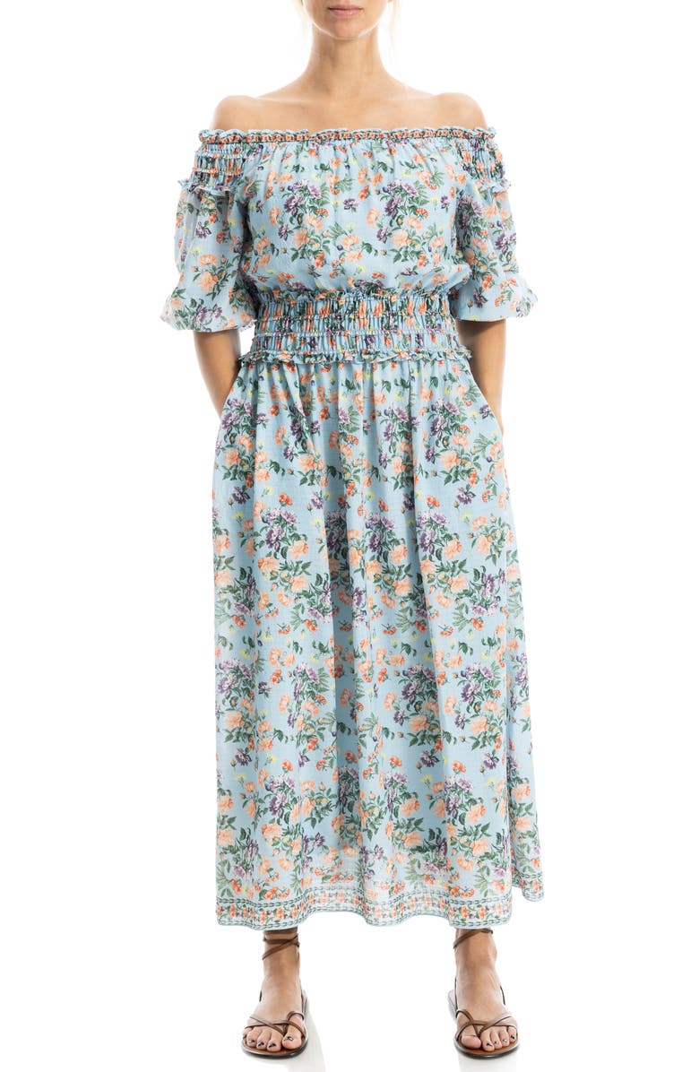 MAX STUDIO Puff Sleeve Smocked Waist Midi Dress, Alternate, color, Blue/ Peach Bouquet