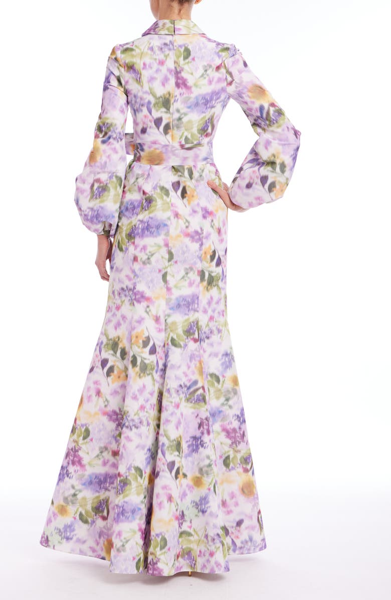 Badgley Mischka Collection Abstract Floral Long Sleeve Taffeta Mermaid Gown, Alternate, color, Lilac Multi