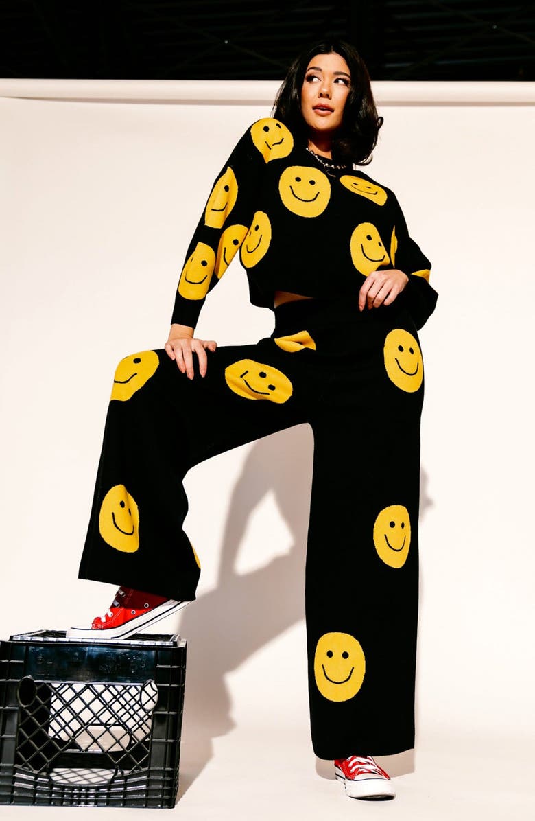 Dressed in Lala Smiley Sweater & Pants Set, Alternate, color, Black