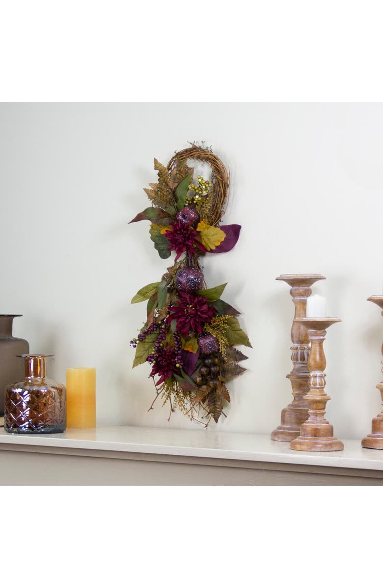 Northlight Mums and Pomegranate Fall Harvest Grapevine Twig Teardrop Swag - 28", Alternate, color, 