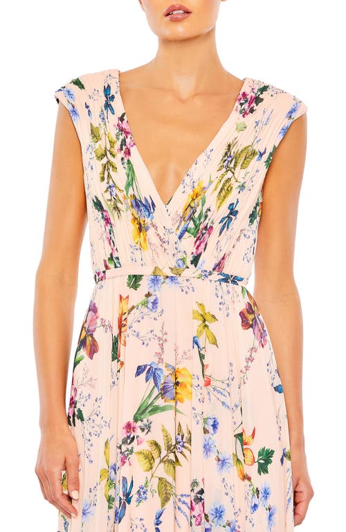 Mac Duggal Pleated Floral Cap Sleeve A Line Gown In Pink Multi