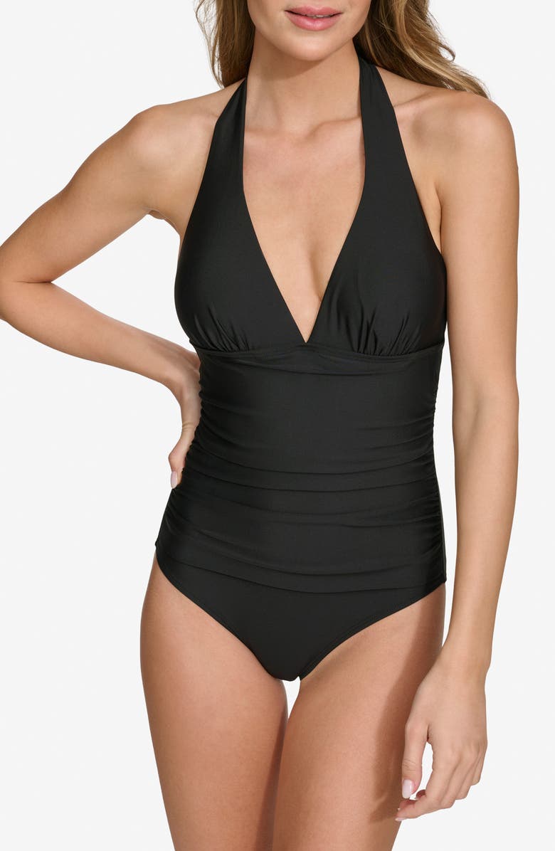 DKNY Halter One-Piece Swimsuit, Main, color, Black