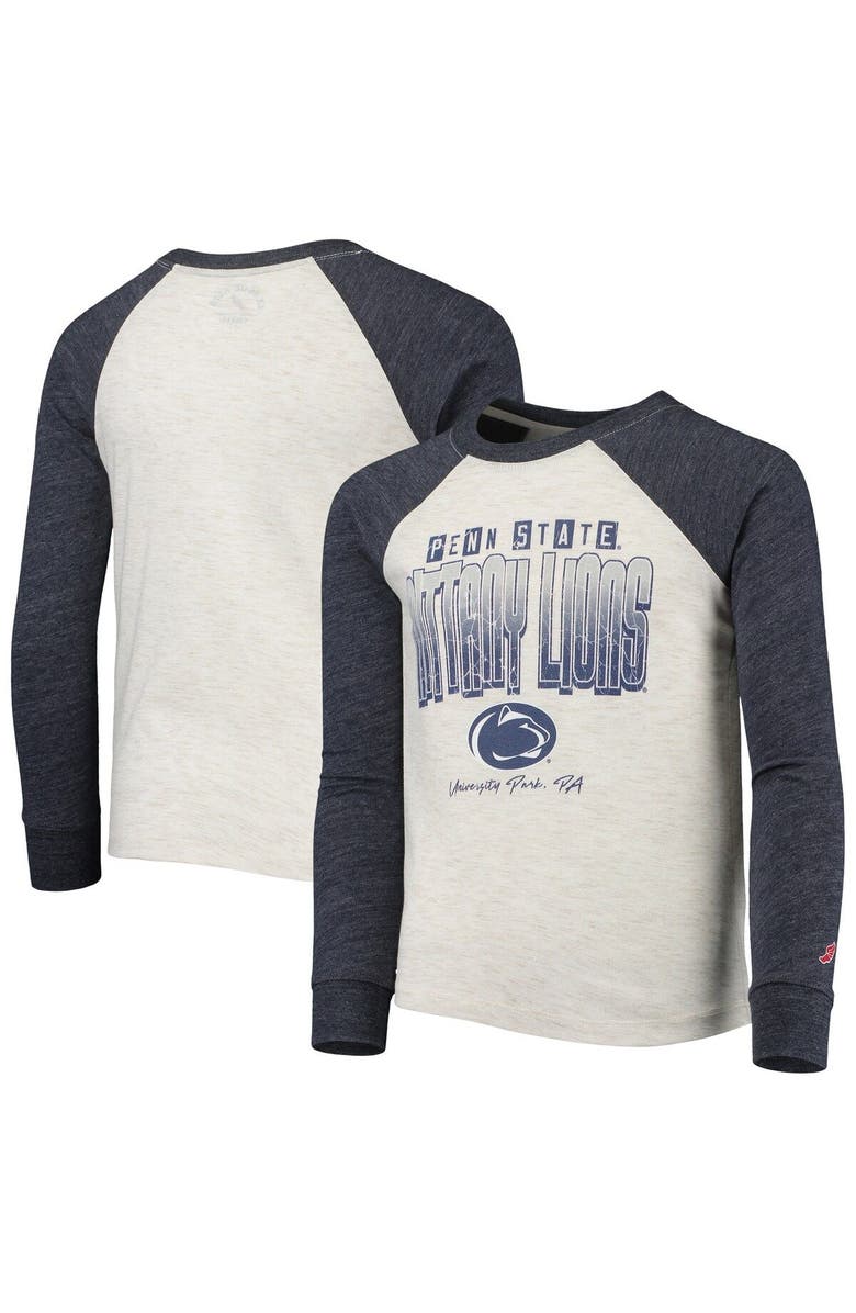 LEAGUE COLLEGIATE WEAR Youth League Collegiate Wear Heathered Navy Penn State Nittany Lions Baseball Tri-Blend Raglan Long Sleeve T-Shirt, Main, color,
