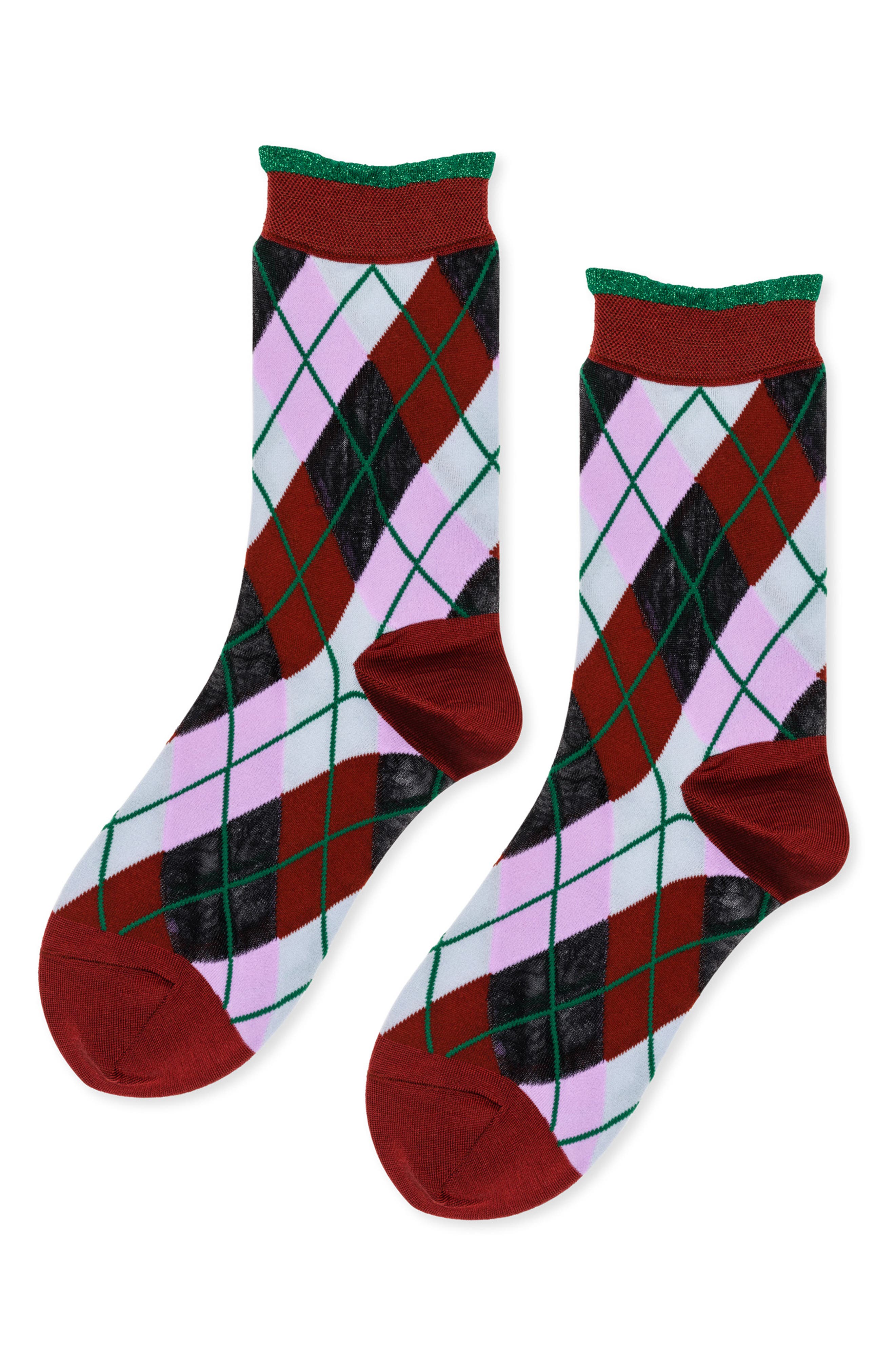 Hansel From Basel Argyle Crew Socks in Pink-Red 