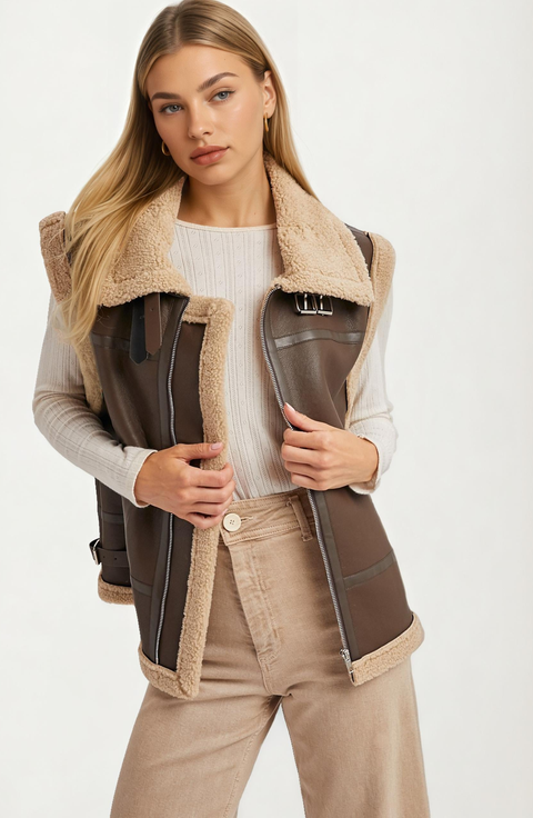 Zip-Front Faux Leather Shearling Vest