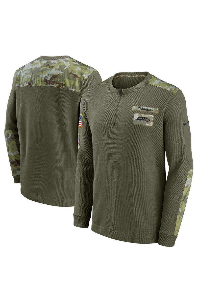 Nike Men's Nike Olive Seattle Seahawks 2021 Salute To Service Henley Long Sleeve Thermal Top, Main, color, 