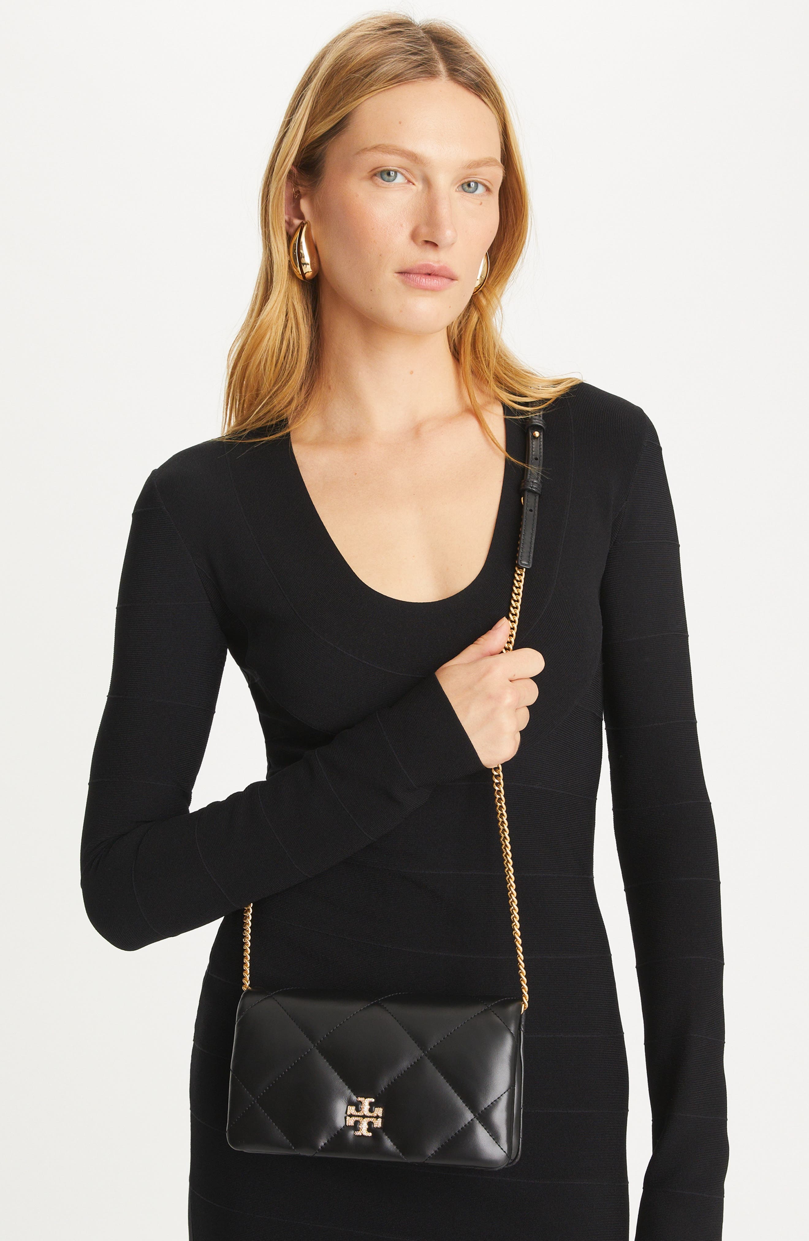 Kira Quilted Leather Wallet on a Chain, Alternate, color, BLACK