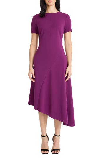 Maggy London Short Sleeve Asymmetric Midi Dress In Purple