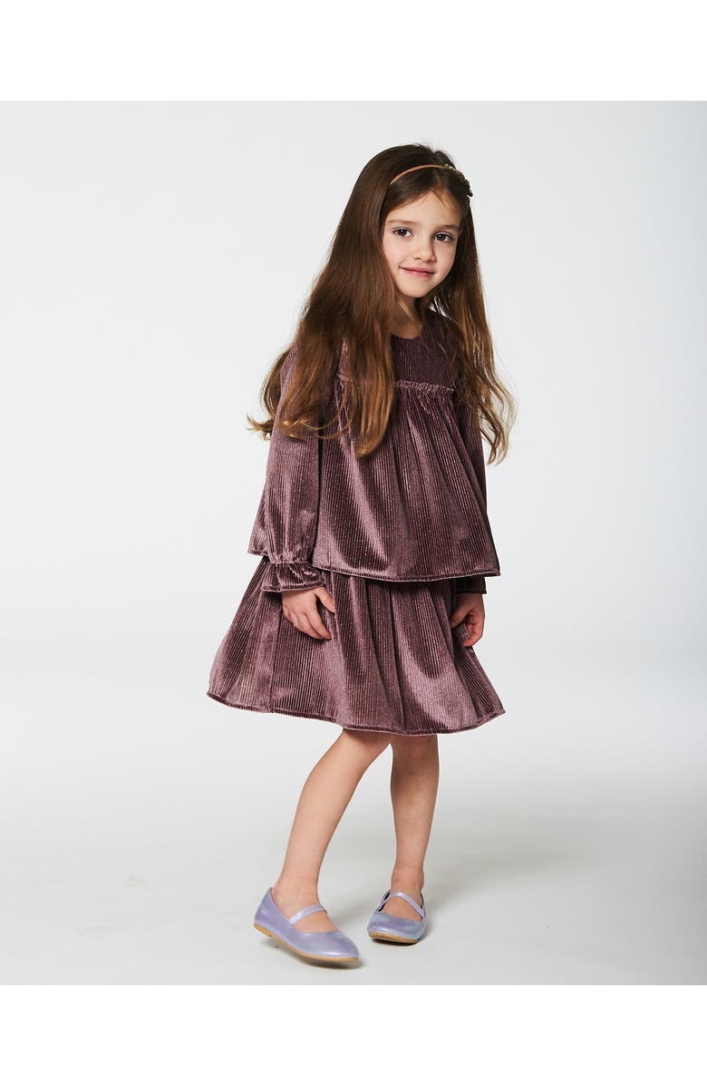 Deux par Deux Little Girl's Long Sleeve Metallic Dress With Frills Burgundy, Alternate, color,