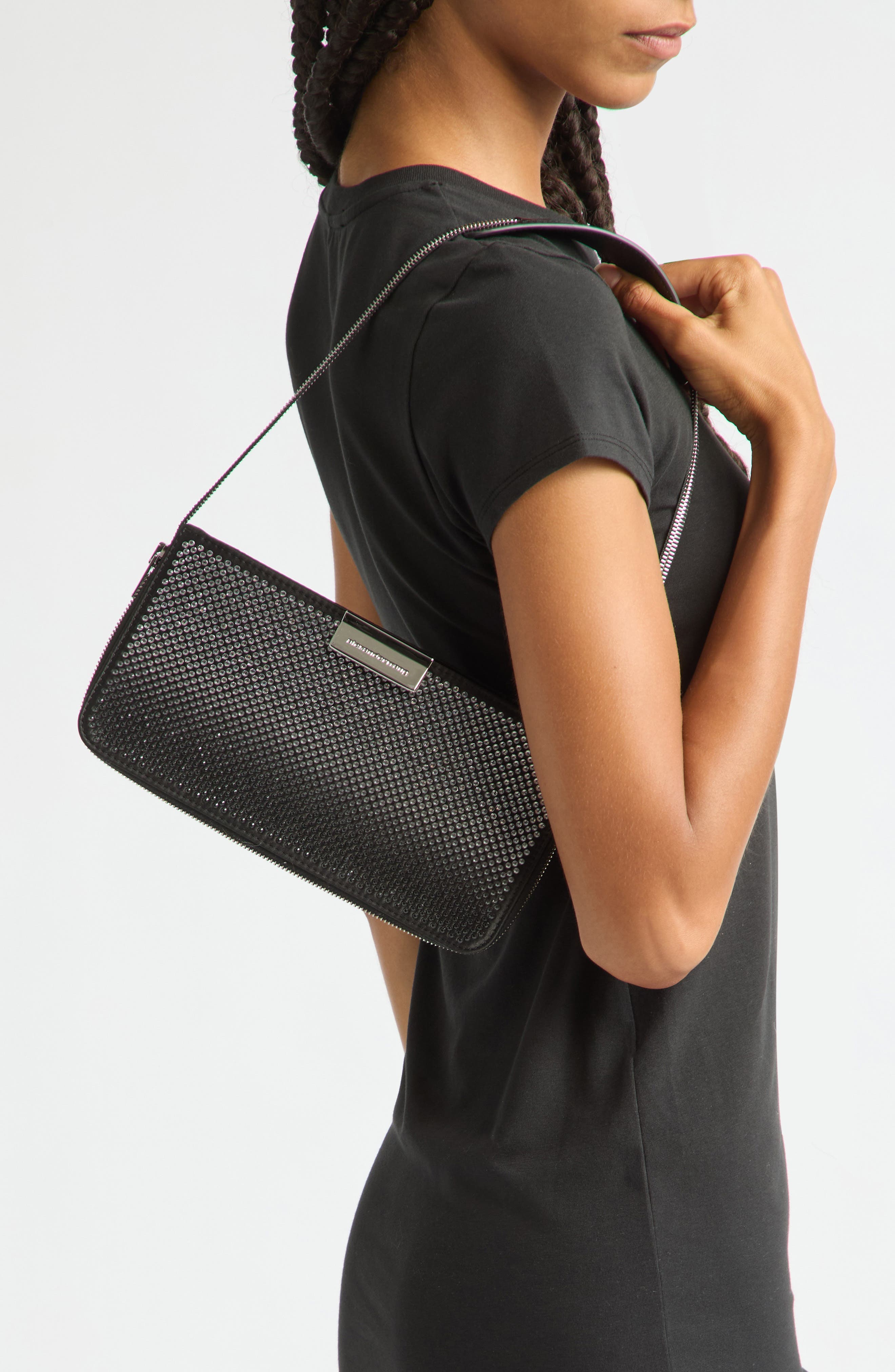 Siren Pochette Studded Satin Shoulder Bag, Alternate, color, BLACK