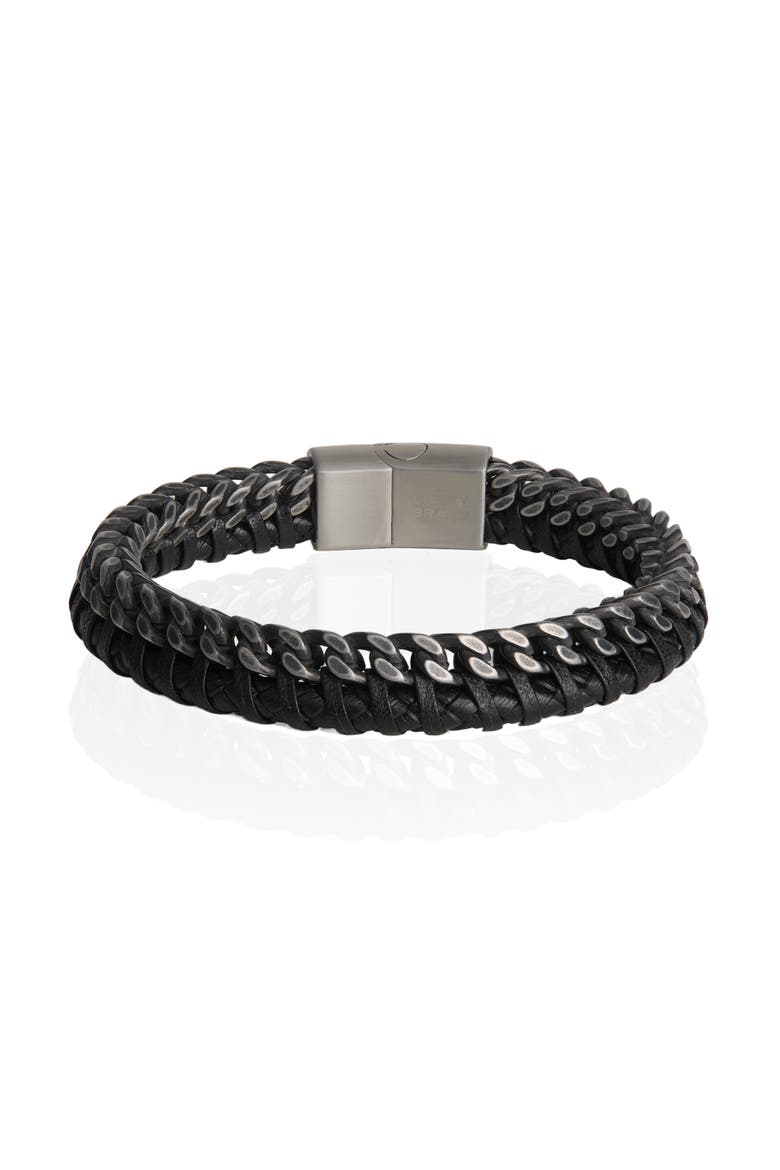 Mens Bracelet Braided Black Leather and Stainless Steel, 8.25", Main, color, Brown