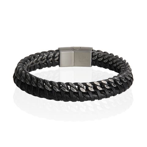 Mens Bracelet Braided Black Leather and Stainless Steel, 8.25"