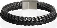 Lucky Brand Mens Bracelet Braided Black Leather and Stainless Steel, 8.25"