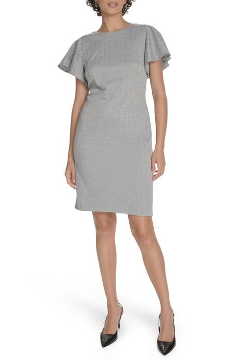 Flutter Sleeve Herringbone Sheath Dress