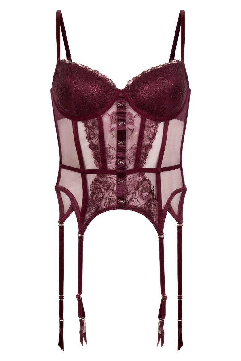 Hollie Embroidered Underwire Bustier with Garter Straps, Alternate, color, FIG