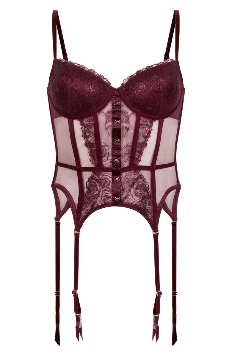 Hunkemöller Hollie Embroidered Underwire Bustier with Garter Straps, Alternate, color, Fig