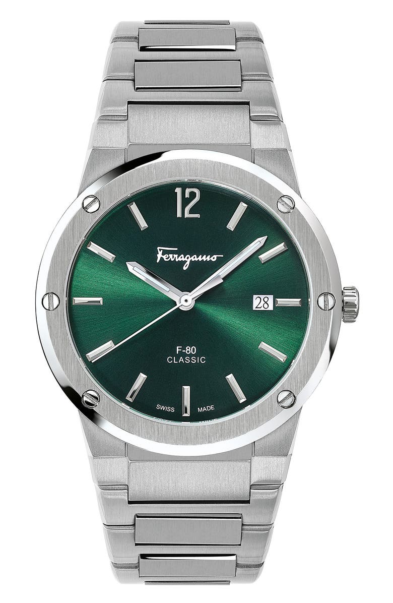 FERRAGAMO Salvatore Ferragamo F-80 Classic Bracelet Watch, 41mm, Main, color, Silver/ Green