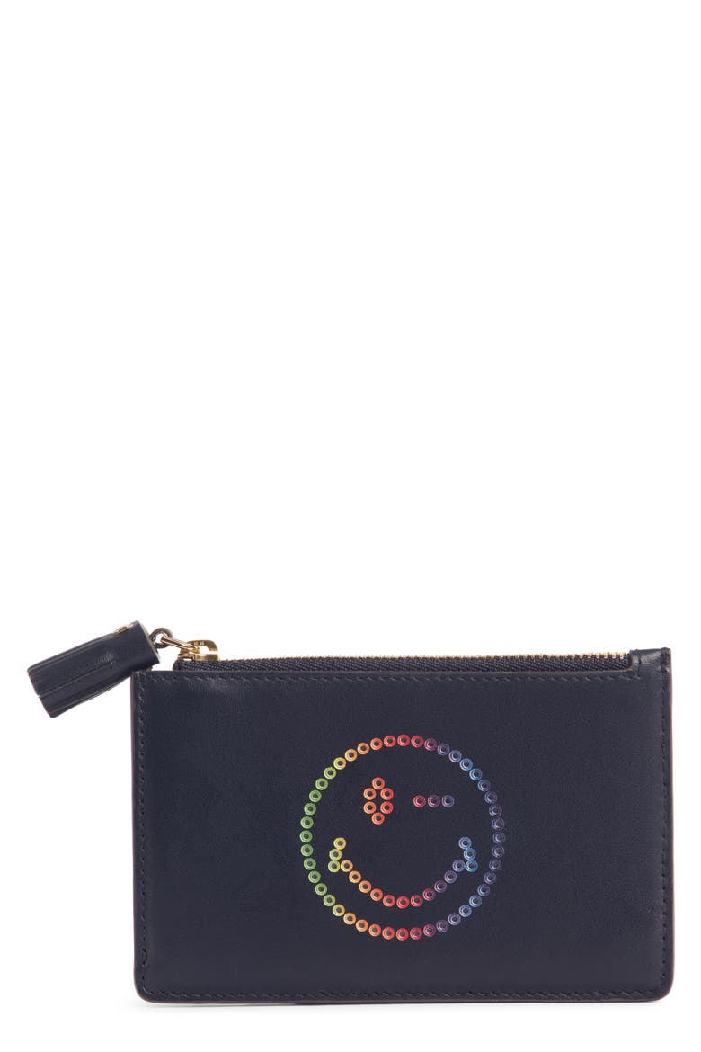 Rainbow Smiley Leather Card Case, Main, color, MARINE