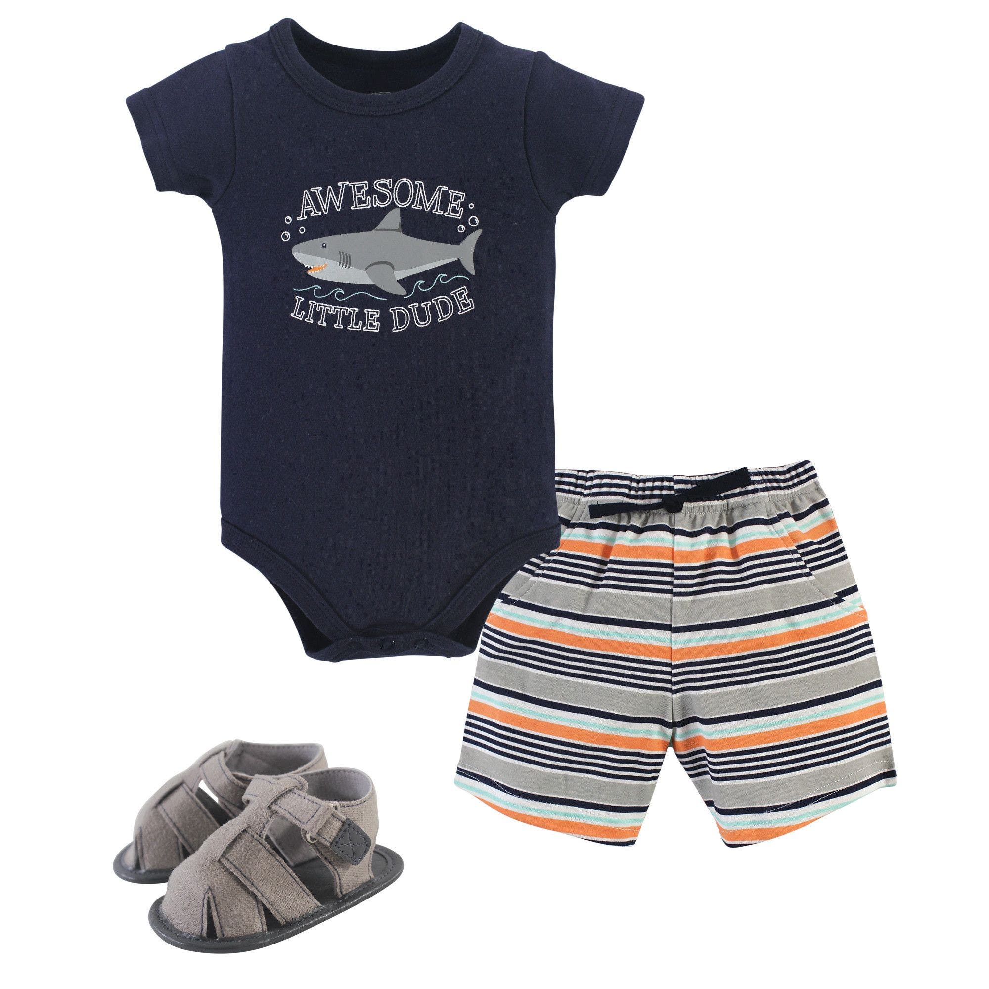 Hudson Baby Cotton Bodysuit, Shorts And Shoe Set In Blue