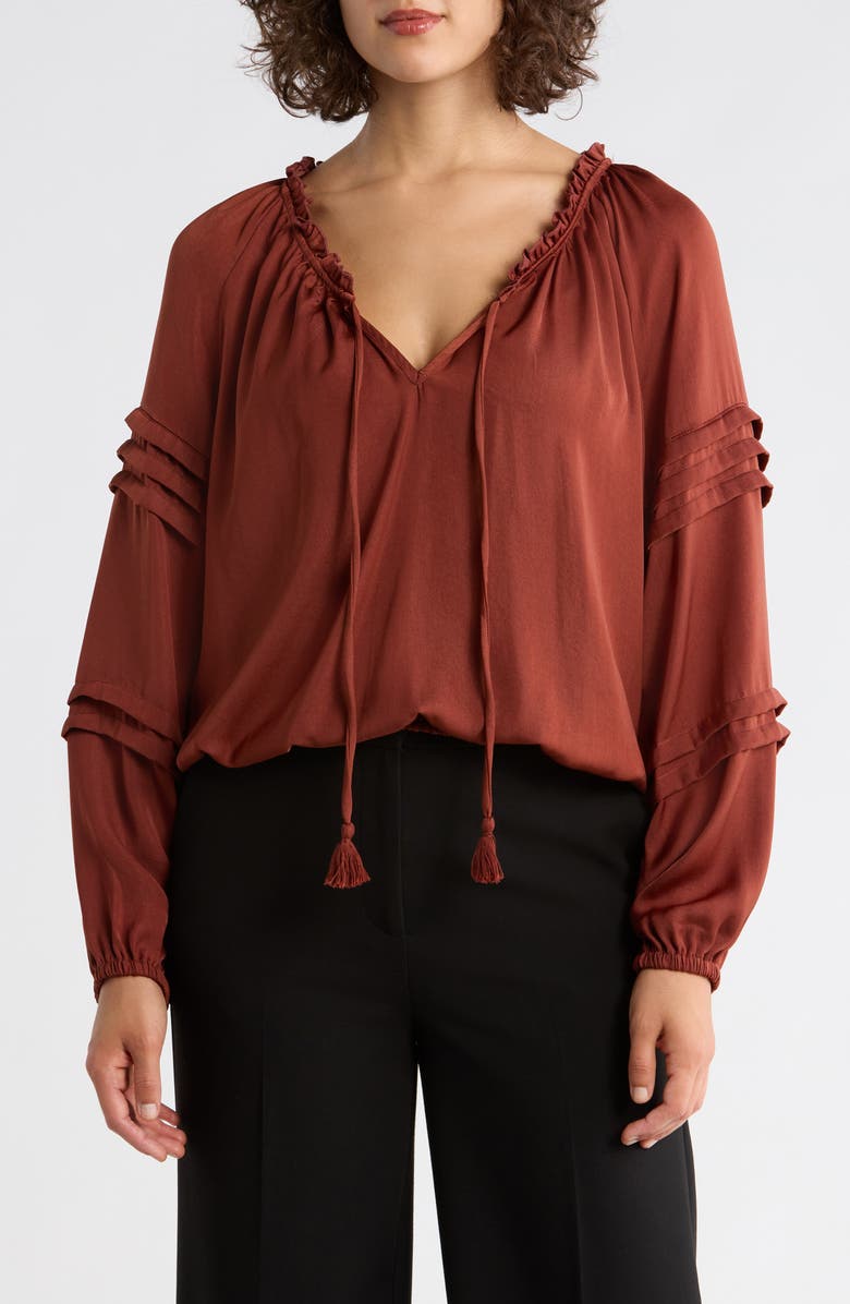 DR2 by Daniel Rainn Long Sleeve Tie Front Satin Top, Main, color, Brick